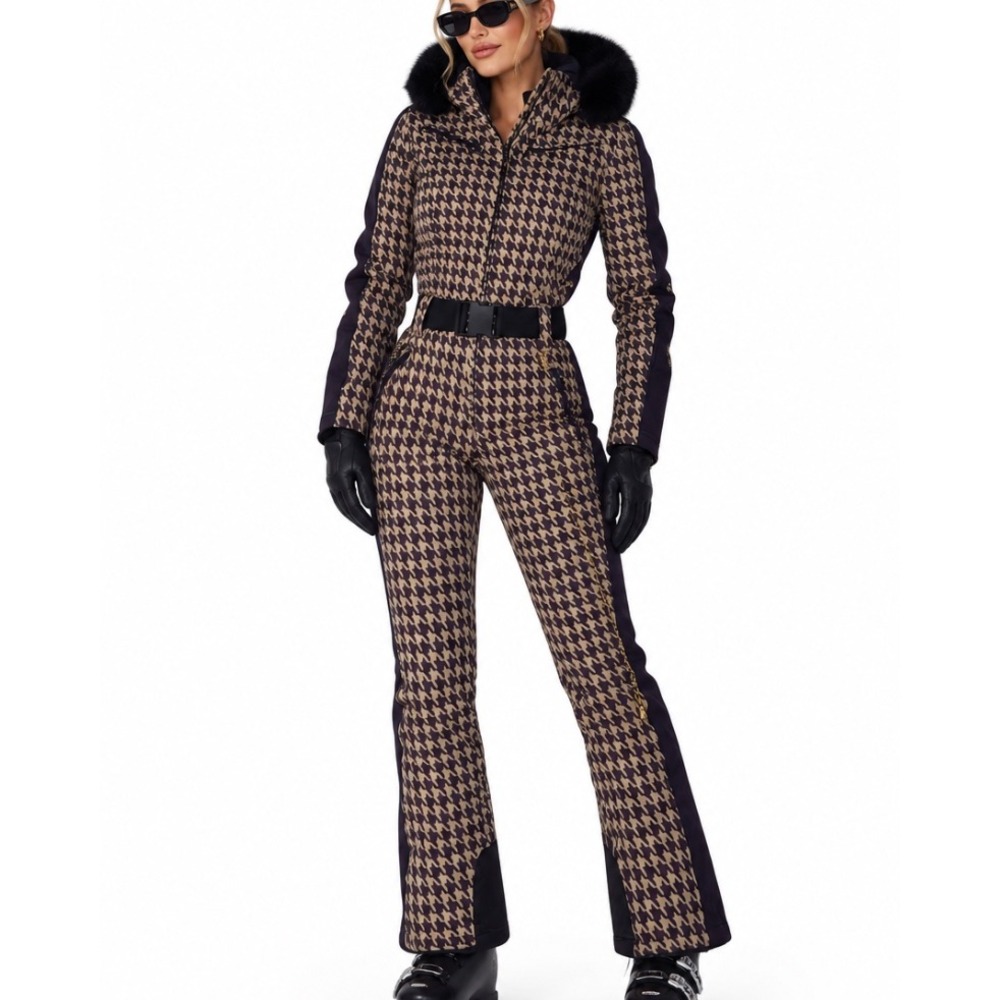 New GSOU SNOW SKI SUIT Tan/Black Houndstooth SLIM FIT FAUX FUR TRIM Stretch SZ L